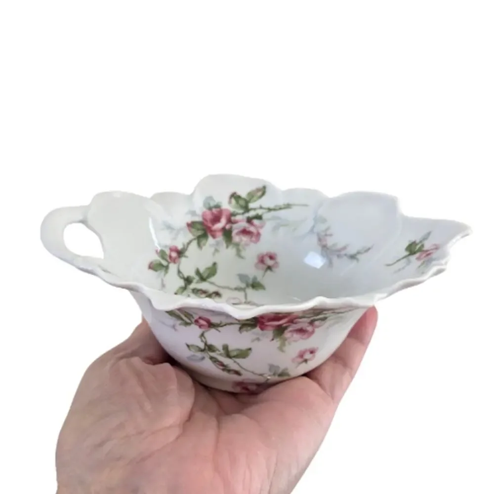 Haviland Limoges France Vintage Floral Handle Dish Pink Roses Porcelain Scallop